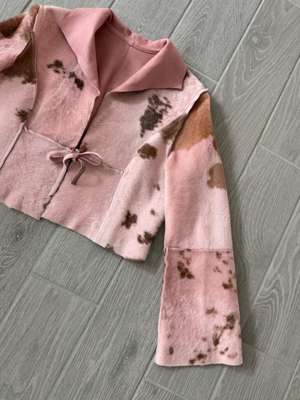 Cowhide Leather Cow Print Pink Brown Bolero Ranch Western Tie Cropped Jacket